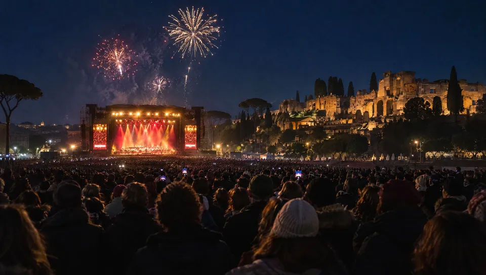 Fuochi d'artificio sopra una piazza affollata la notte di Capodanno